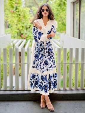 SOHANA - hand embroidery Cream Maxi Dress with Blue Floral Embroidery